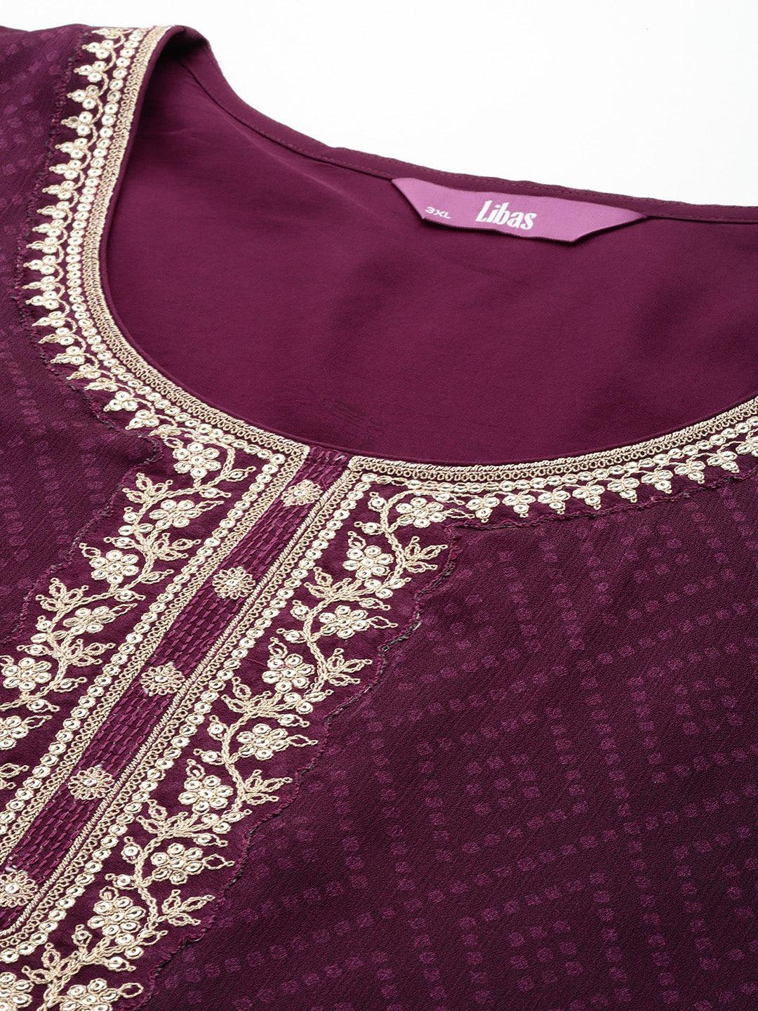 Plus Size Purple Yoke Design Chiffon Straight Suit Set - Libas