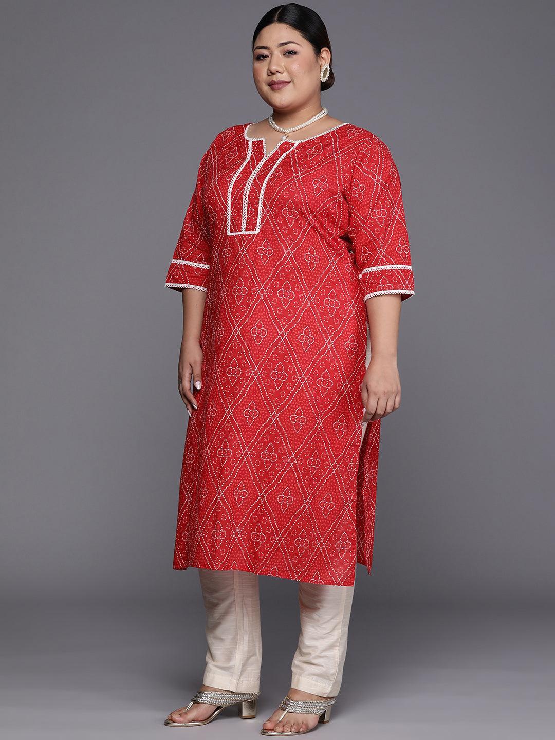 Plus Size Red Printed Cotton Straight Kurta - ShopLibas