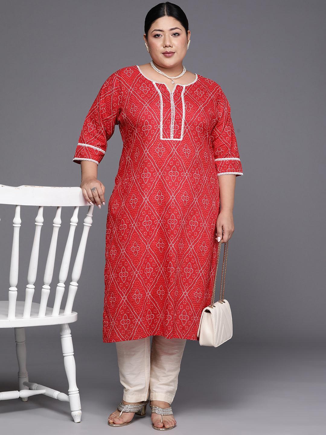 Plus Size Red Printed Cotton Straight Kurta - ShopLibas