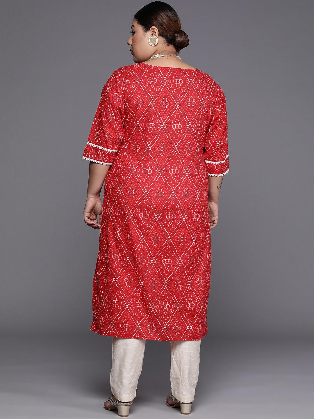 Plus Size Red Printed Cotton Straight Kurta - ShopLibas