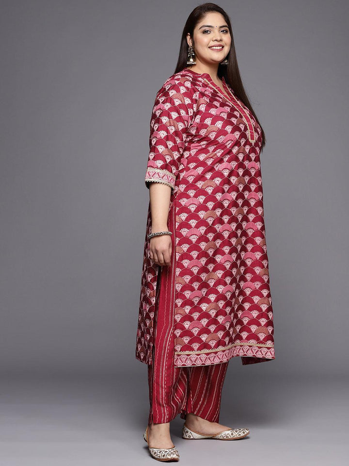 Plus Size Red Printed Silk Blend Straight Suit Set