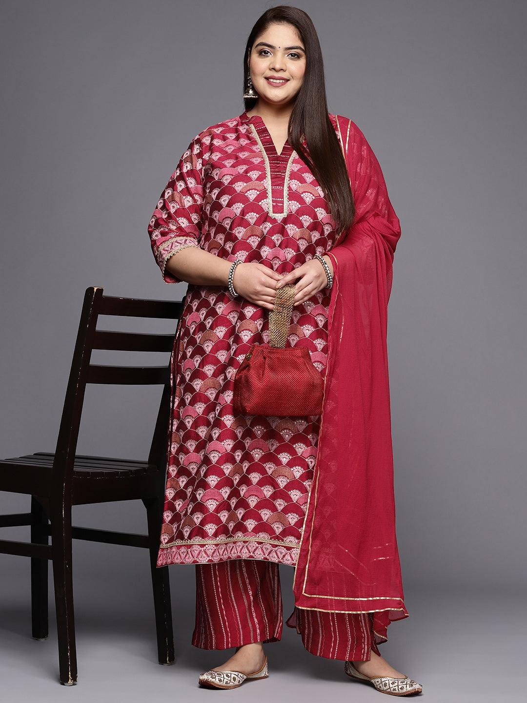 Plus Size Red Printed Silk Blend Straight Suit Set - ShopLibas