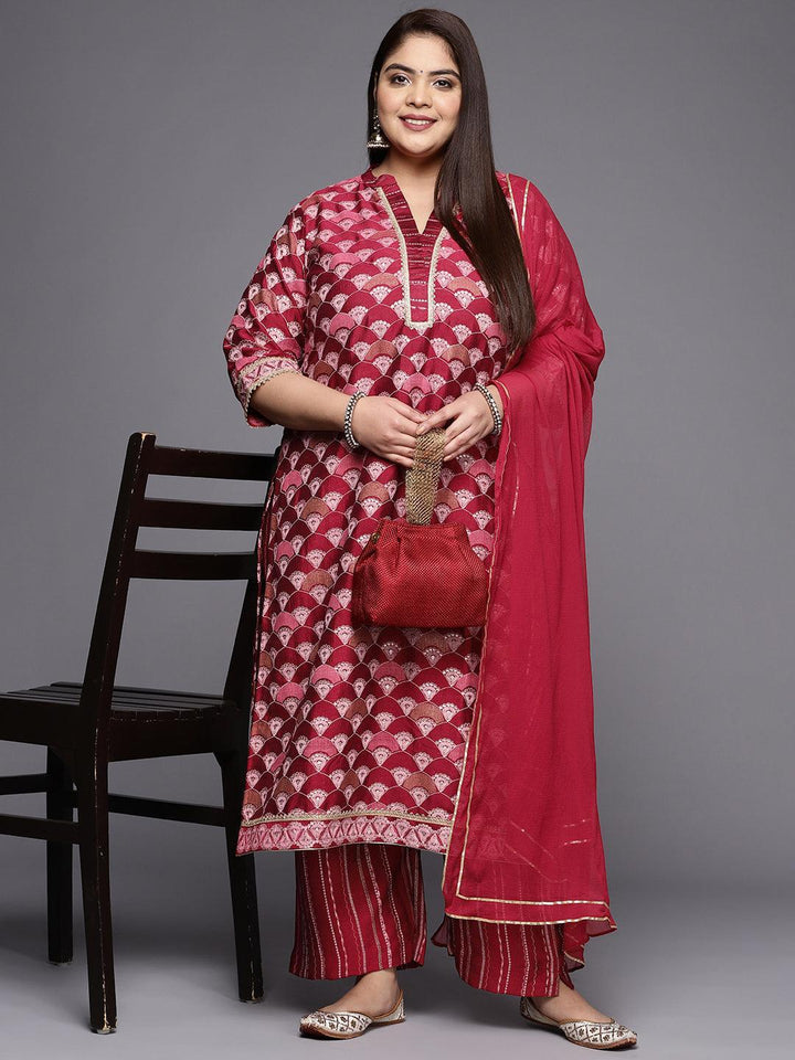 Plus Size Red Printed Silk Blend Straight Suit Set