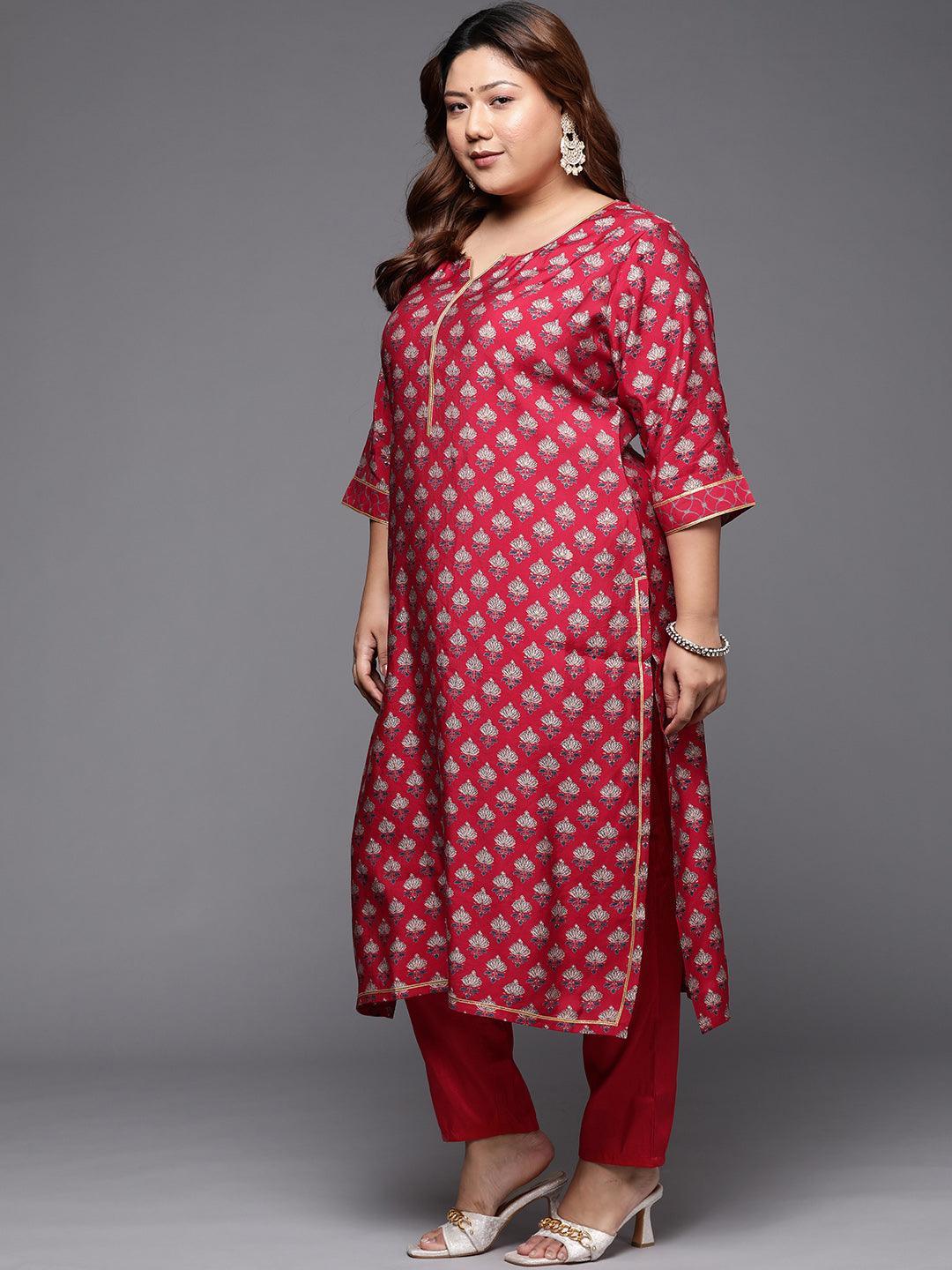 Plus Size Red Printed Silk Straight Kurta - ShopLibas
