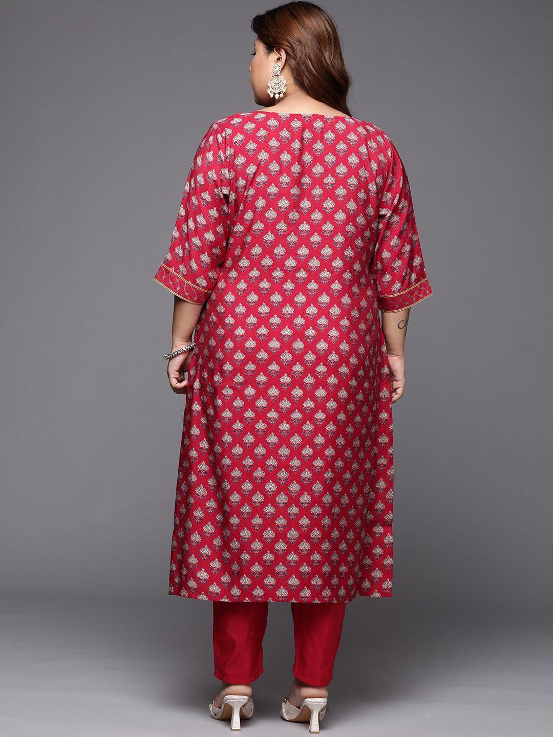 Plus Size Red Printed Silk Straight Kurta - ShopLibas
