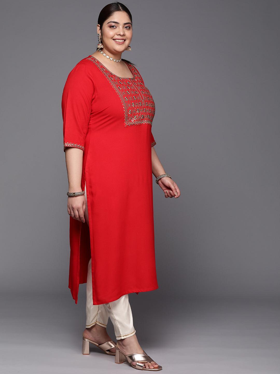 Plus Size Red Yoke Design Rayon Straight Kurta - ShopLibas