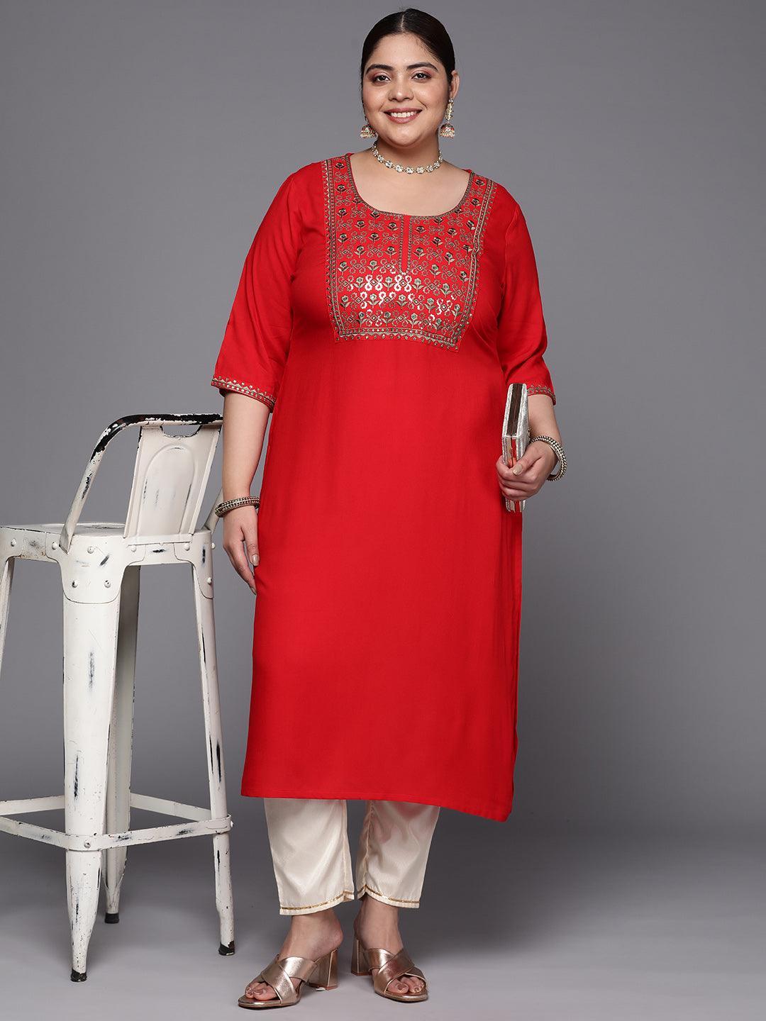 Plus Size Red Yoke Design Rayon Straight Kurta - ShopLibas