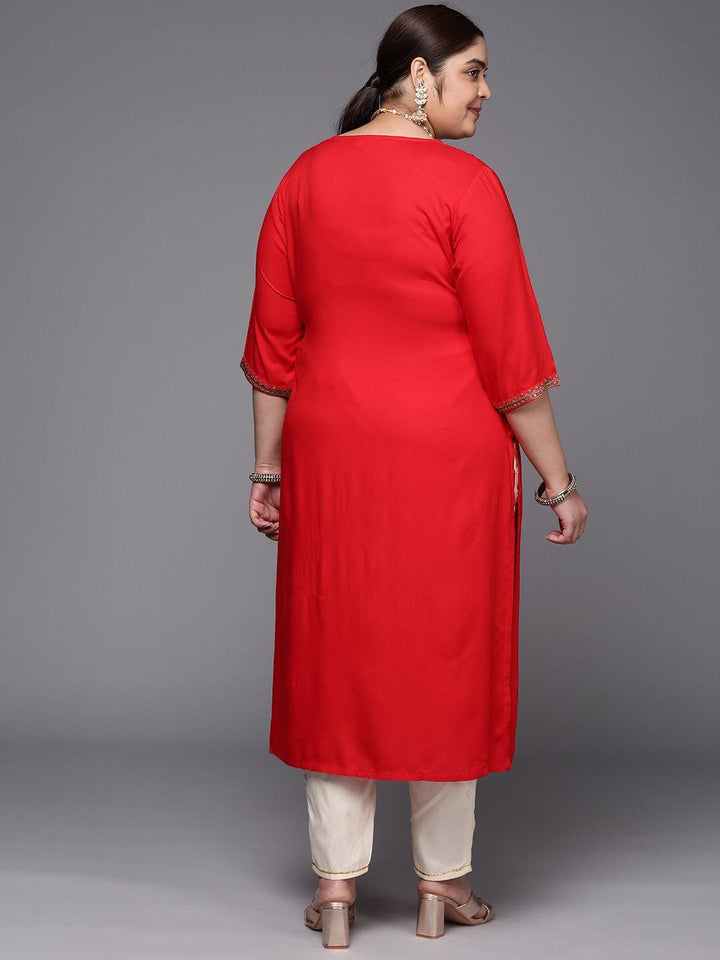 Plus Size Red Yoke Design Rayon Straight Kurta