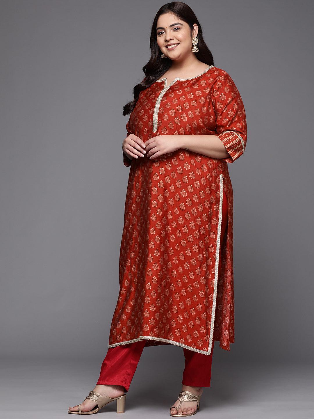 Plus Size Rust Printed Silk Straight Kurta - ShopLibas