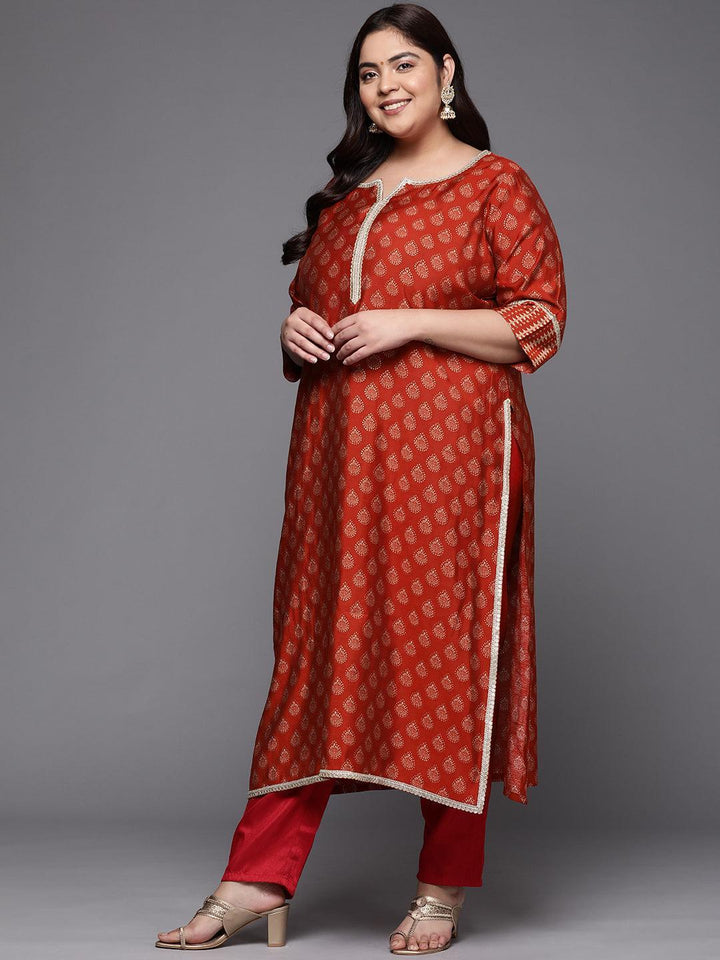 Plus Size Rust Printed Silk Straight Kurta