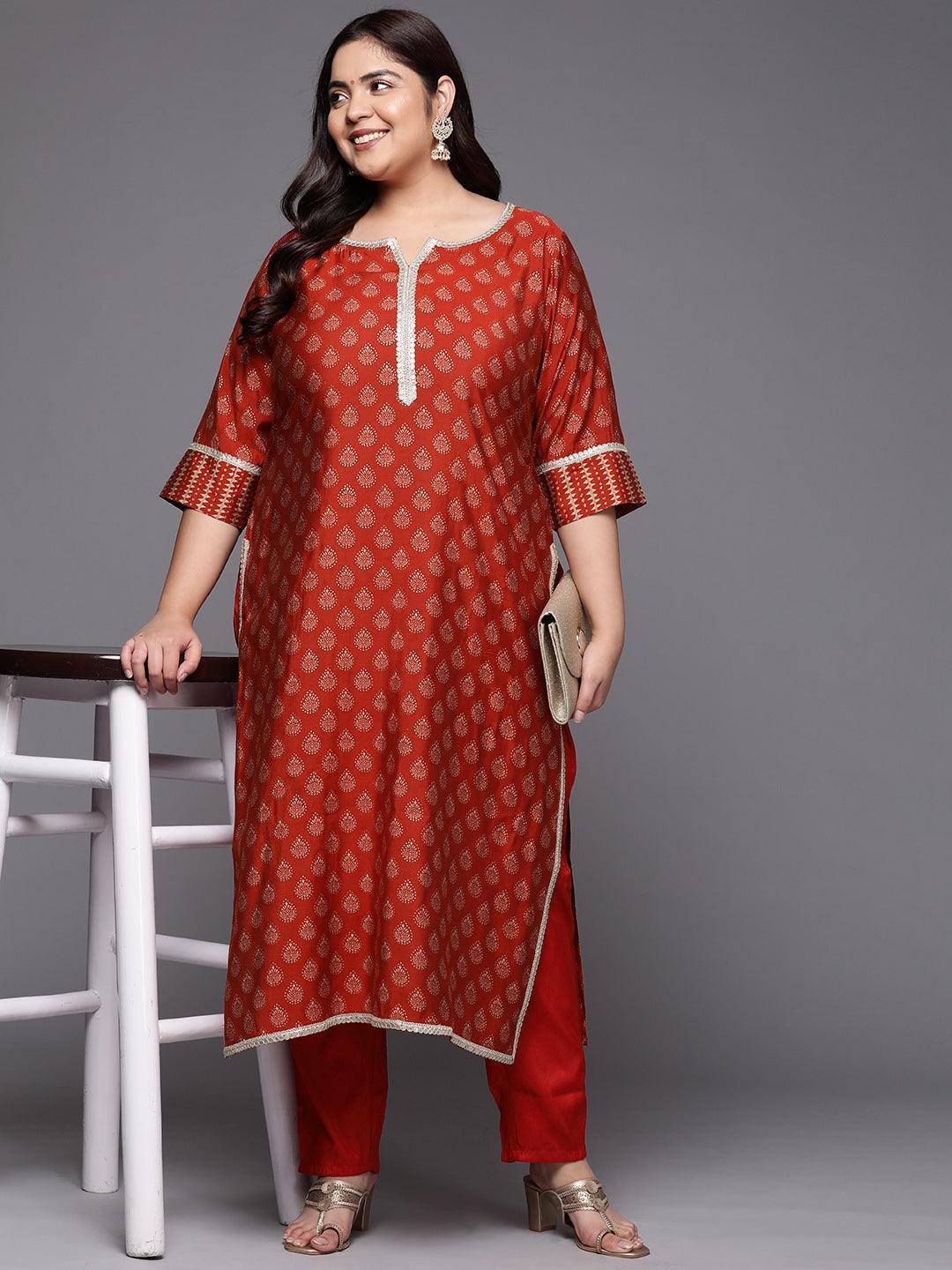 Plus Size Rust Printed Silk Straight Kurta - ShopLibas