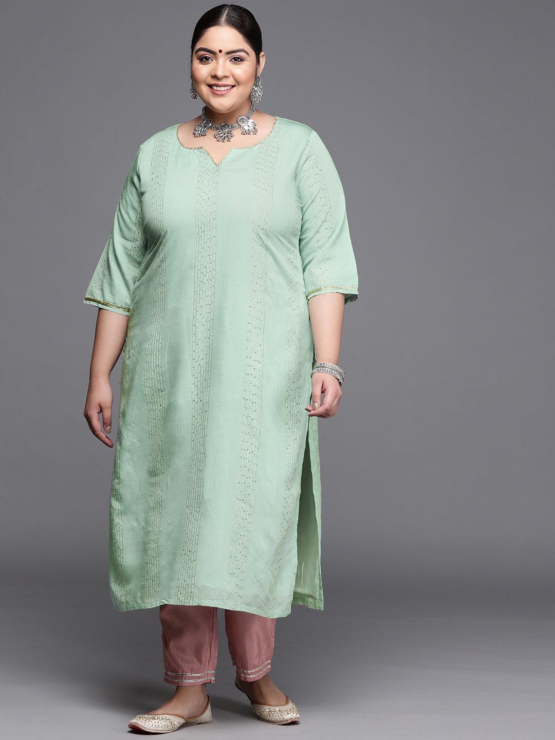 Plus Size Sea Green Embellished Chanderi Silk Kurta - ShopLibas