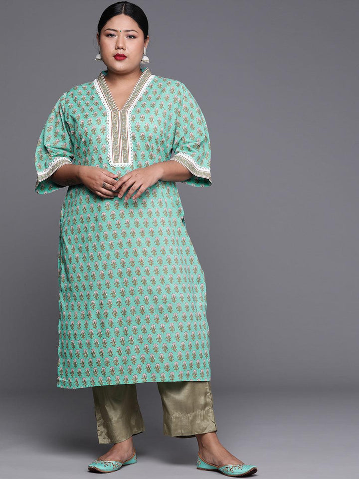 Plus Size Sea Green Printed Cotton Kurta
