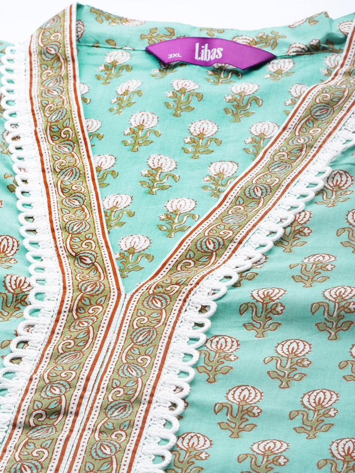Plus Size Sea Green Printed Cotton Kurta