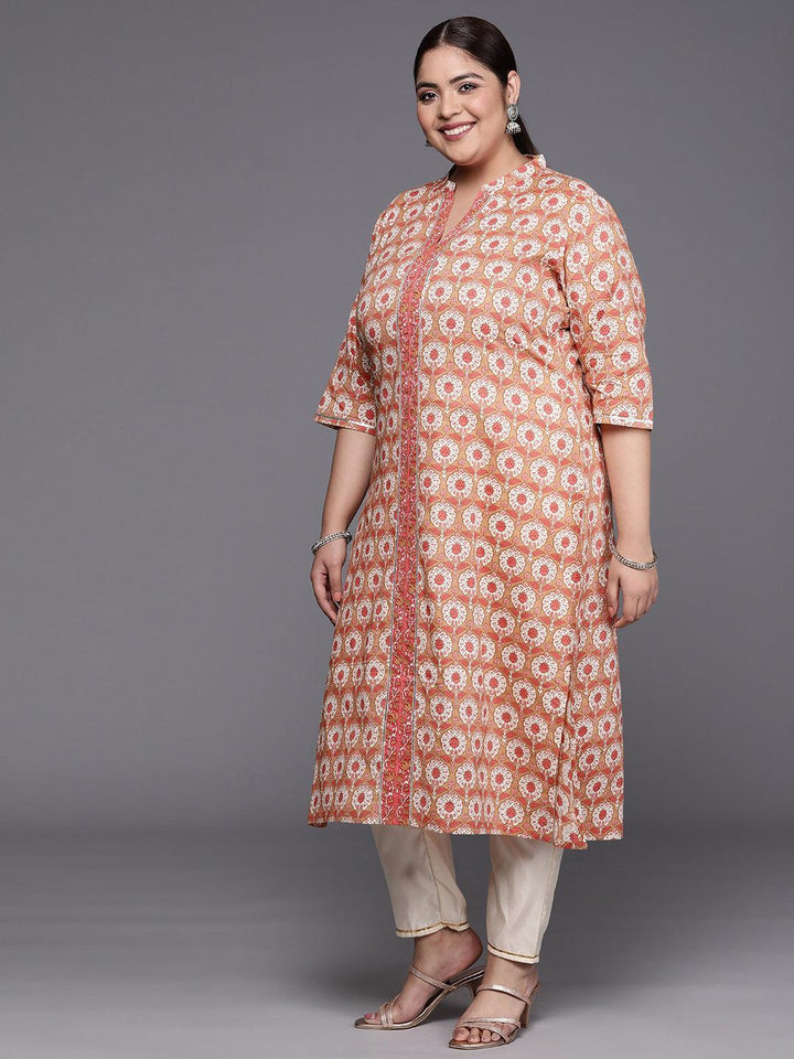 Plus Size Tan Printed Cotton Straight Kurta