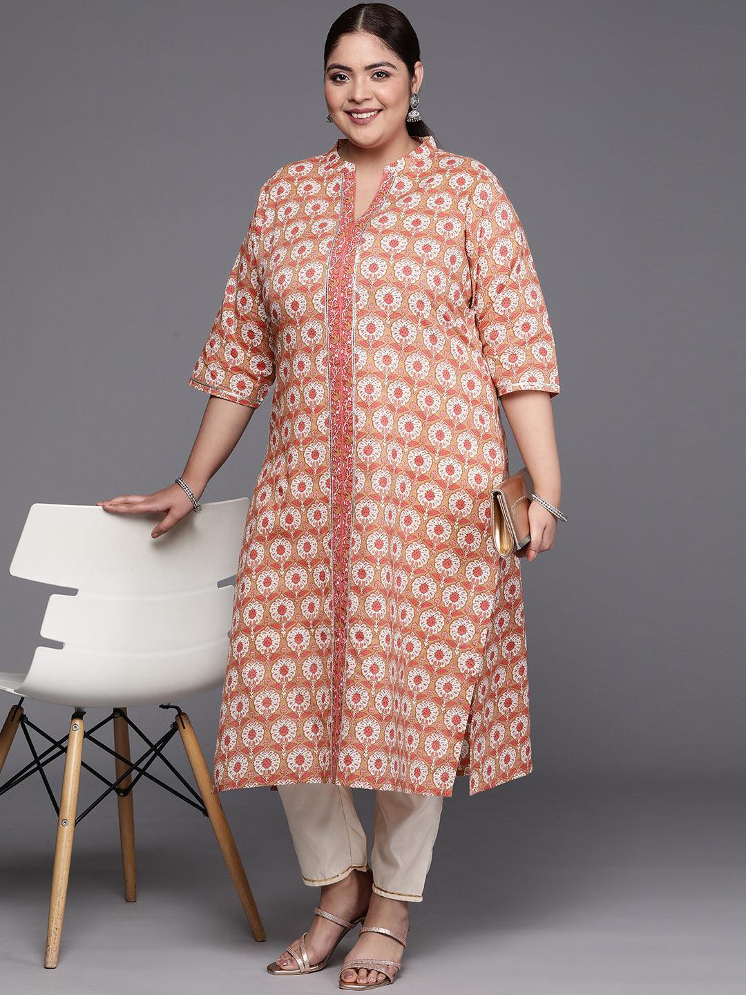 Plus Size Tan Printed Cotton Straight Kurta - ShopLibas