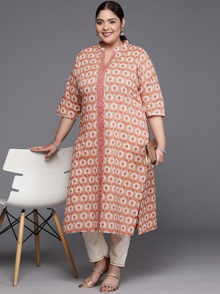 Plus Size Tan Printed Cotton Straight Kurta