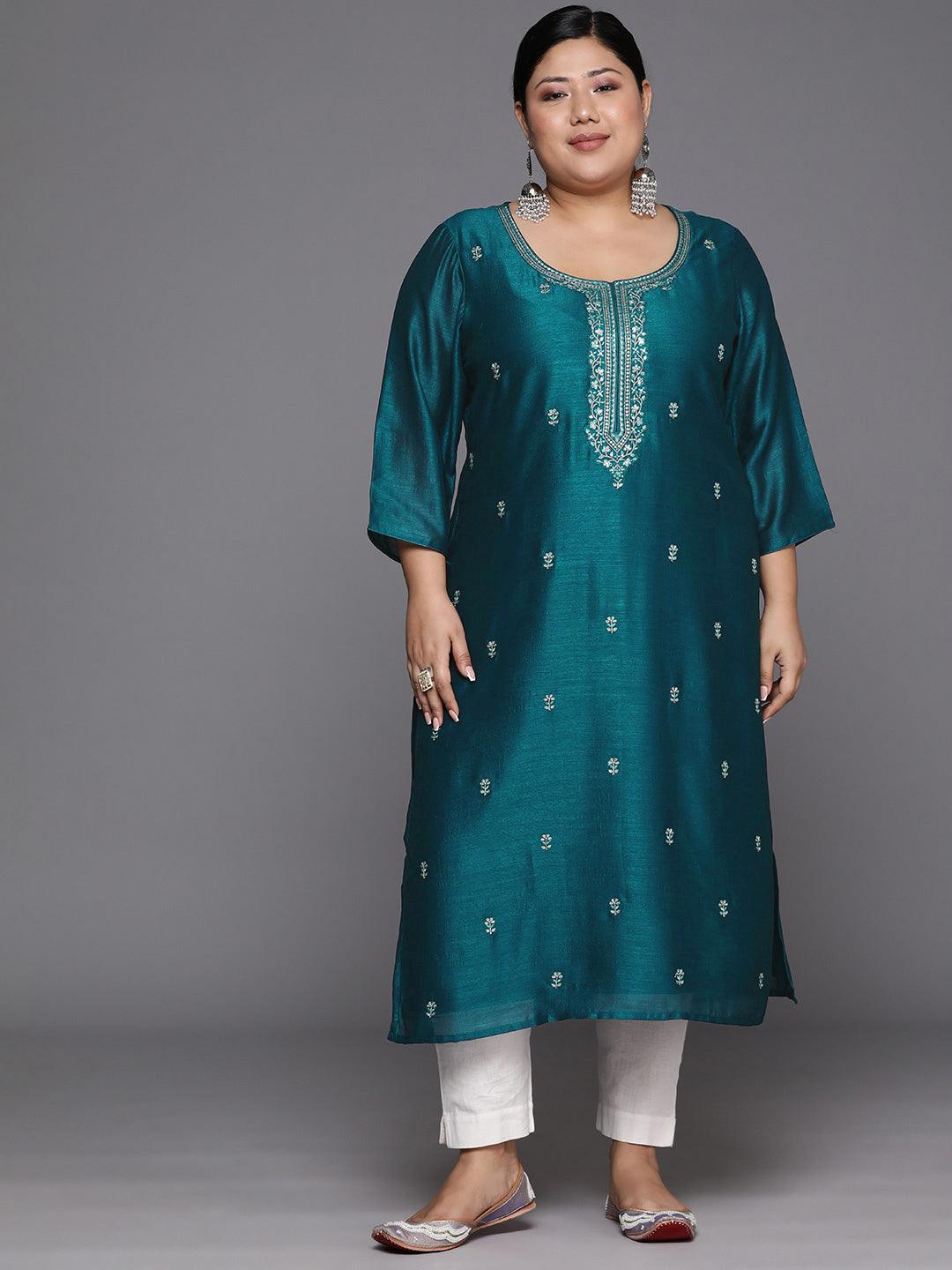 Plus Size Teal Embroidered Silk Straight Kurta - Libas