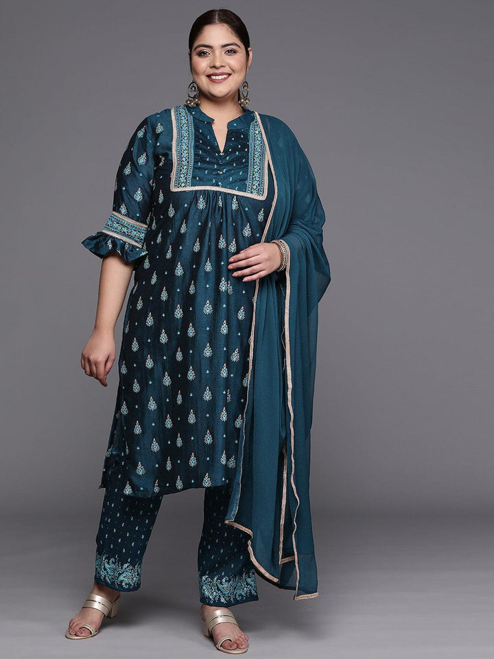 Plus Size Teal Printed Silk Blend Straight Suit Set