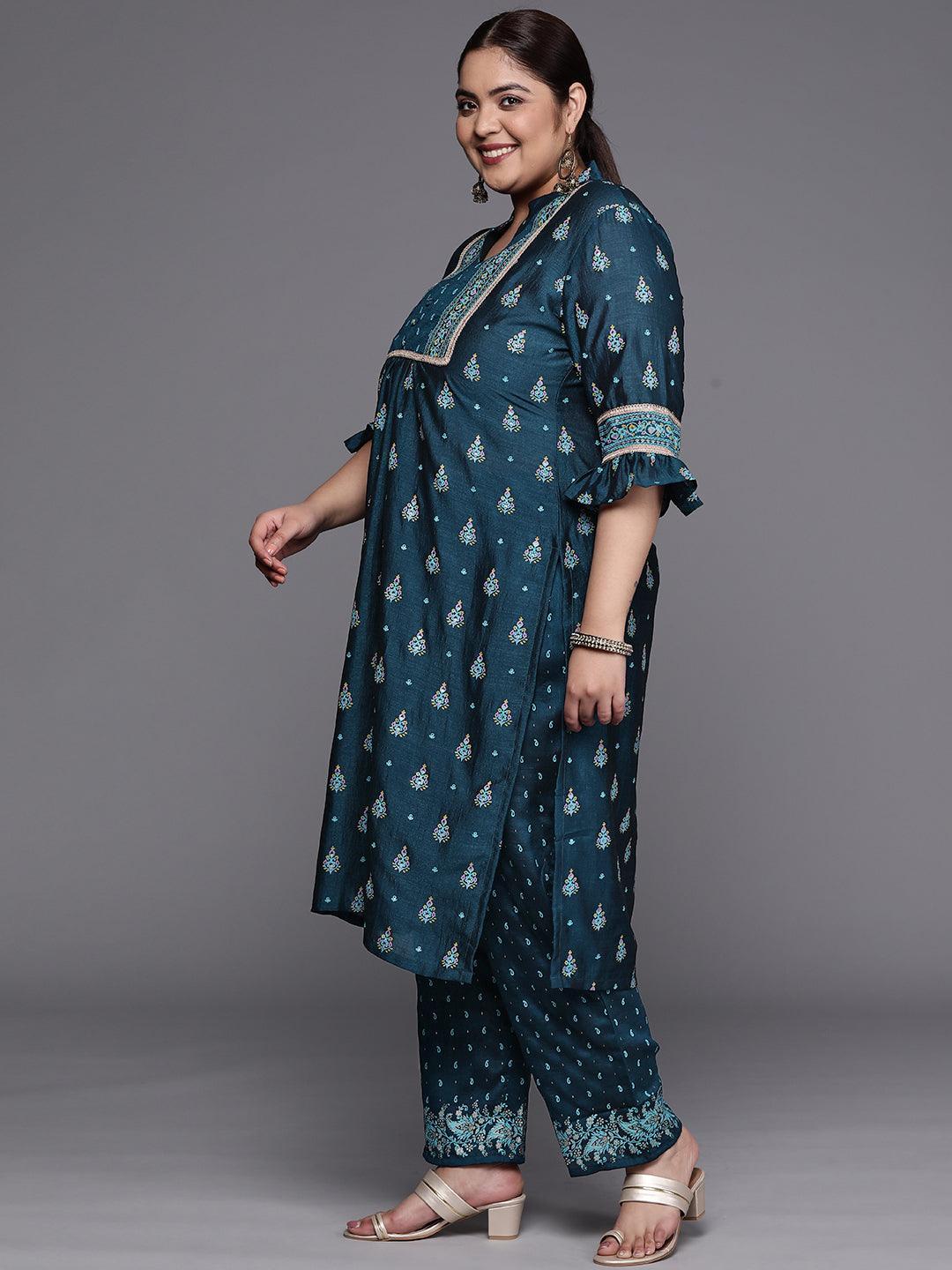 Plus Size Teal Printed Silk Blend Straight Suit Set - ShopLibas