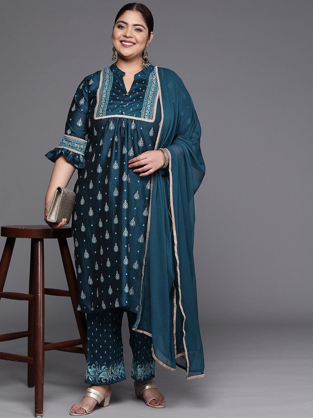 Plus Size Teal Printed Silk Blend Straight Suit Set - ShopLibas