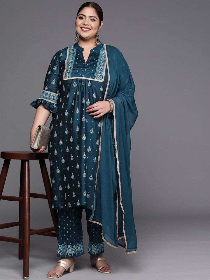 Plus Size Teal Printed Silk Blend Straight Suit Set