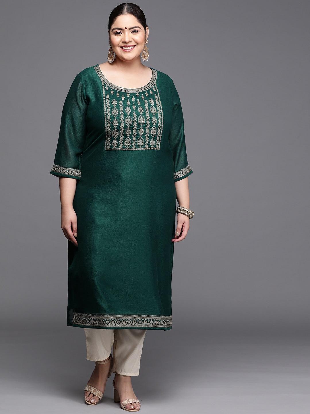 Plus Size Teal Yoke Design Silk Kurta - ShopLibas