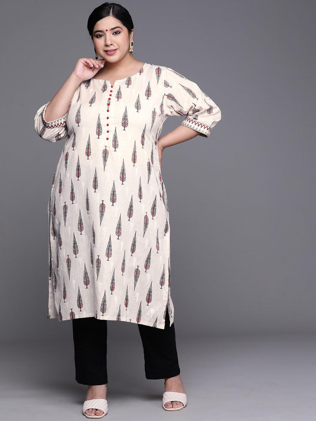 Plus Size White Printed Cotton Kurta - ShopLibas
