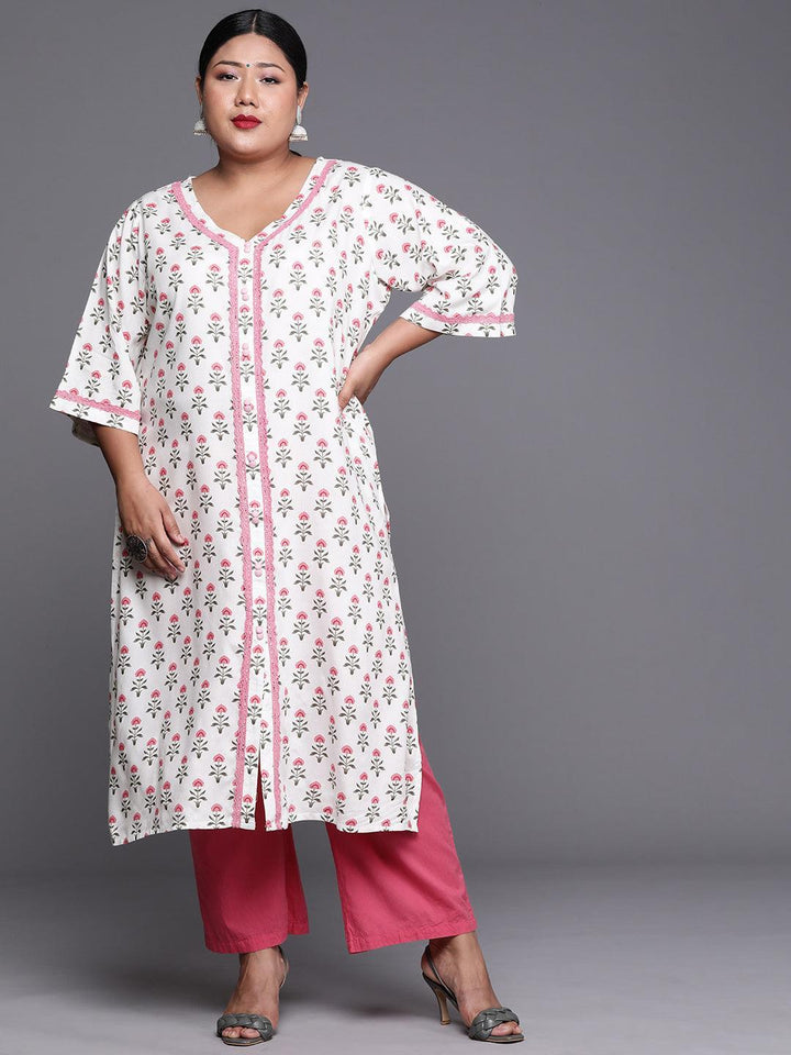 Plus Size White Printed Cotton Kurta