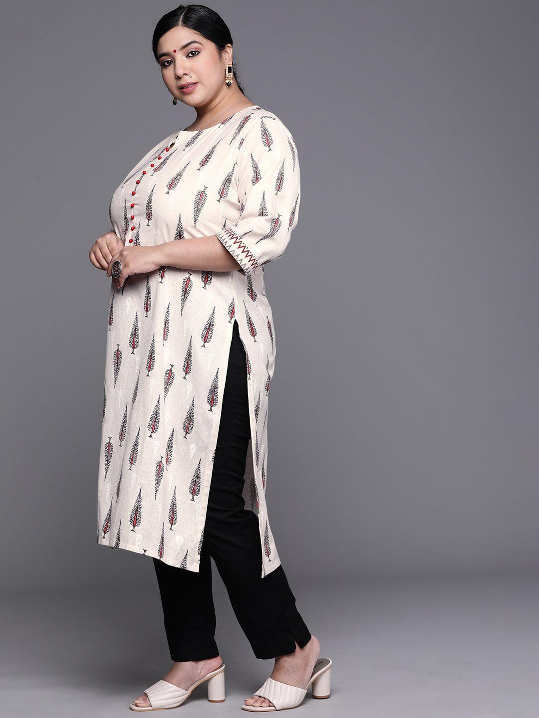 Plus Size White Printed Cotton Kurta - ShopLibas