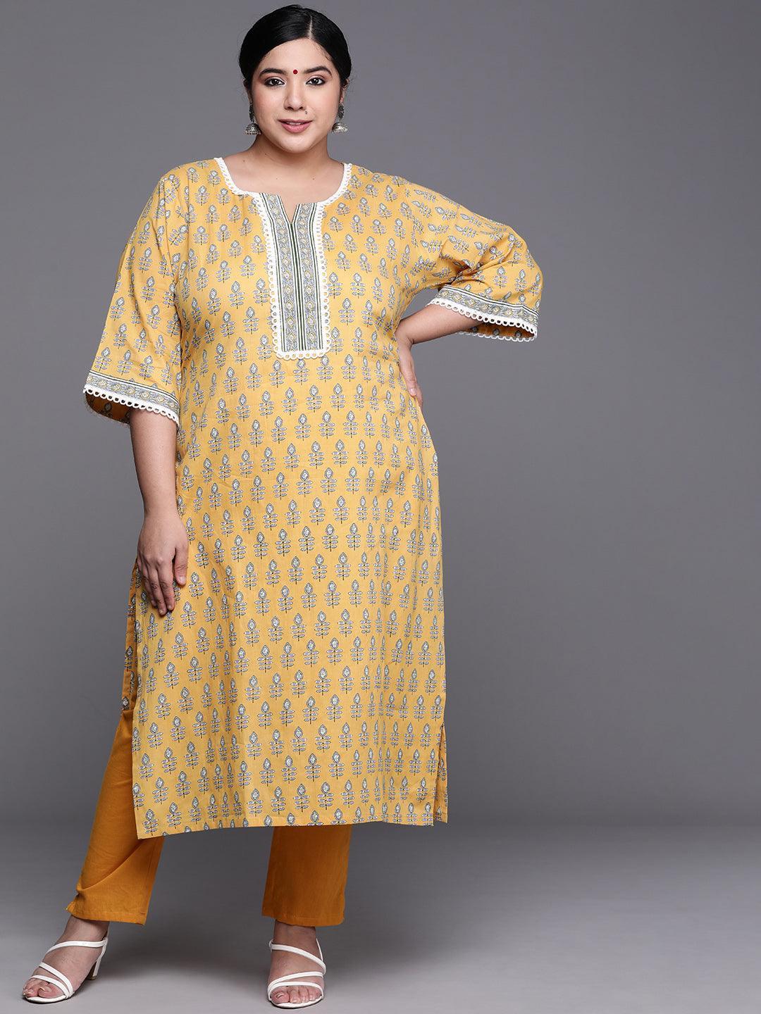 Plus Size Yellow Printed Cotton Kurta - ShopLibas