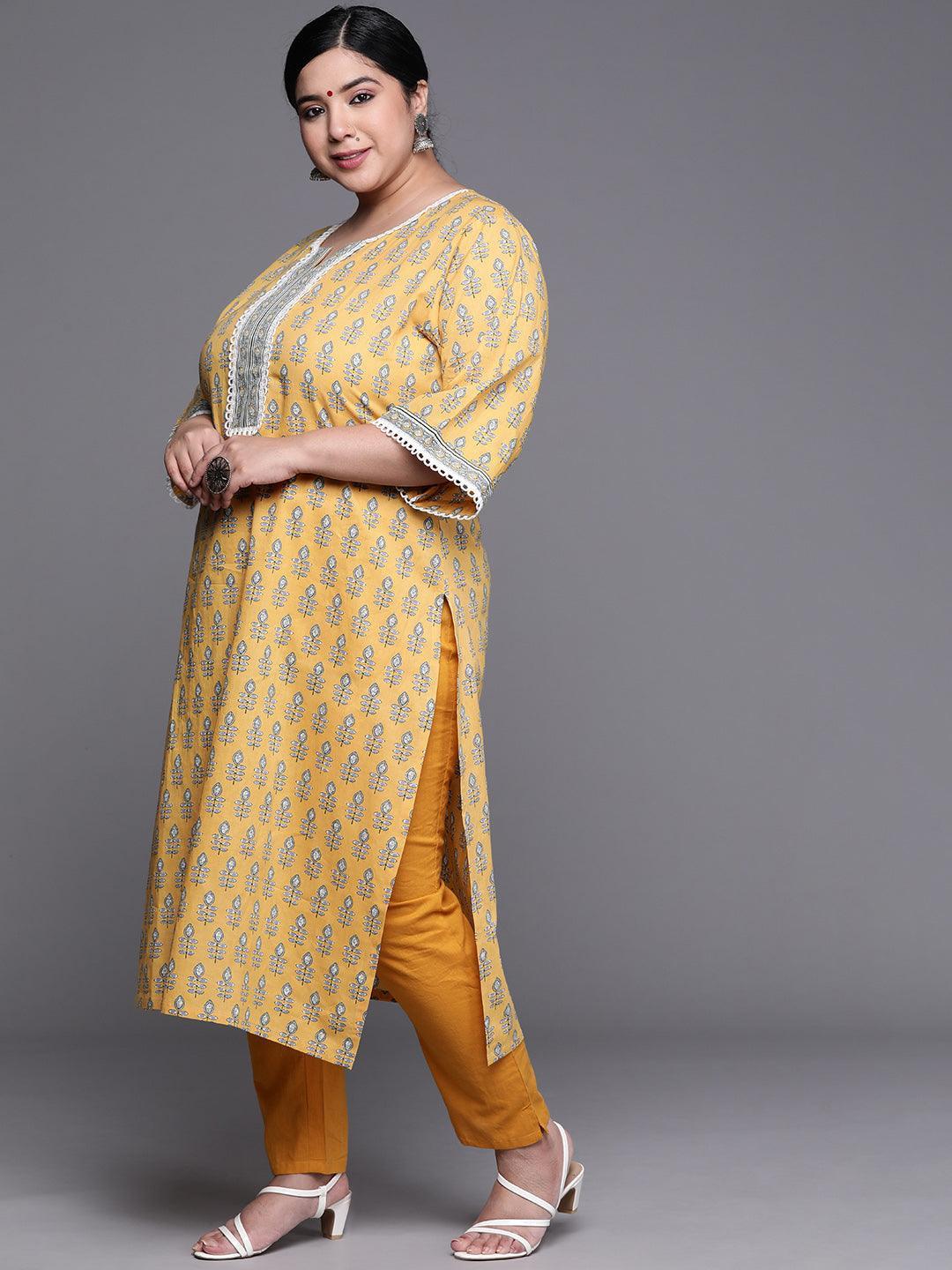 Plus Size Yellow Printed Cotton Kurta - ShopLibas