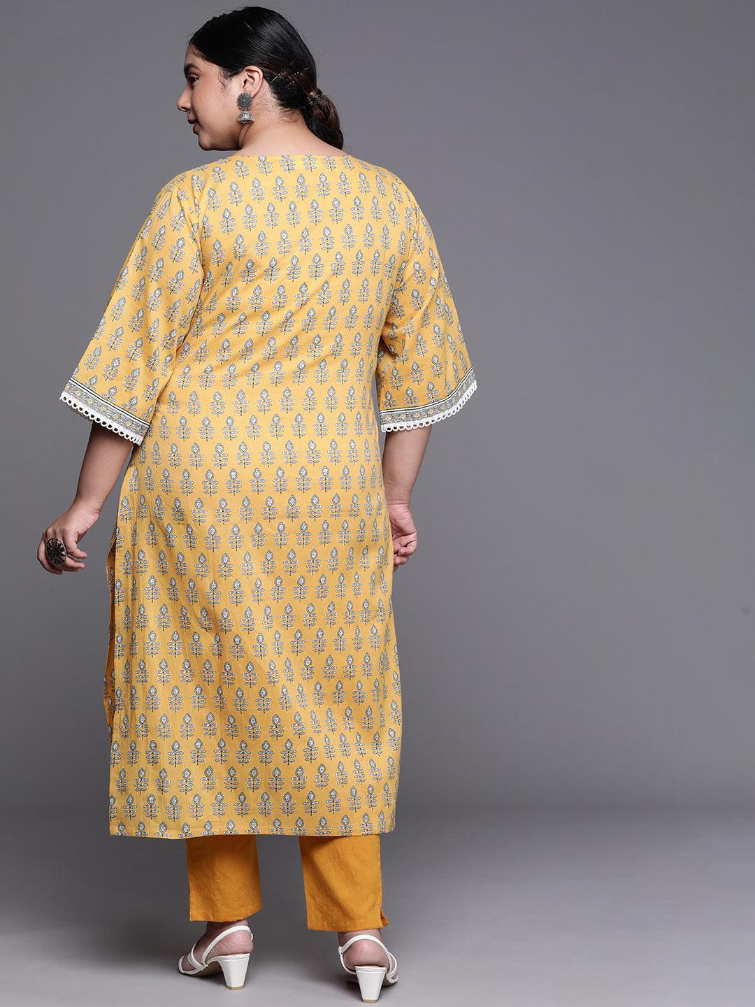 Plus Size Yellow Printed Cotton Kurta - ShopLibas
