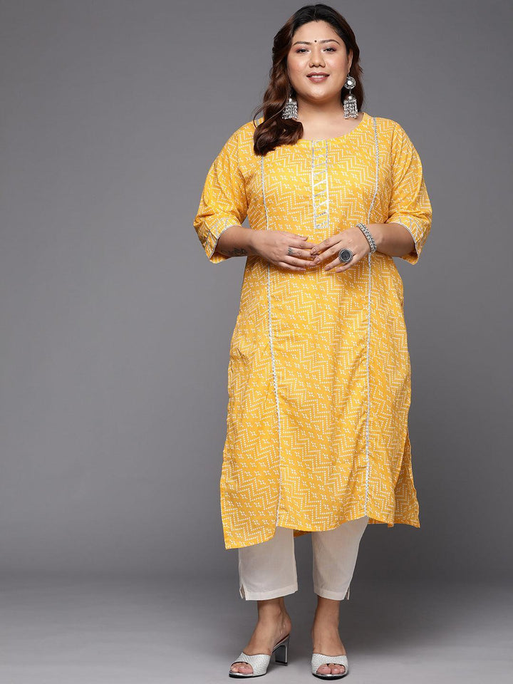 Plus Size Yellow Printed Cotton Straight Kurta