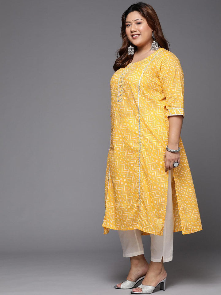 Plus Size Yellow Printed Cotton Straight Kurta