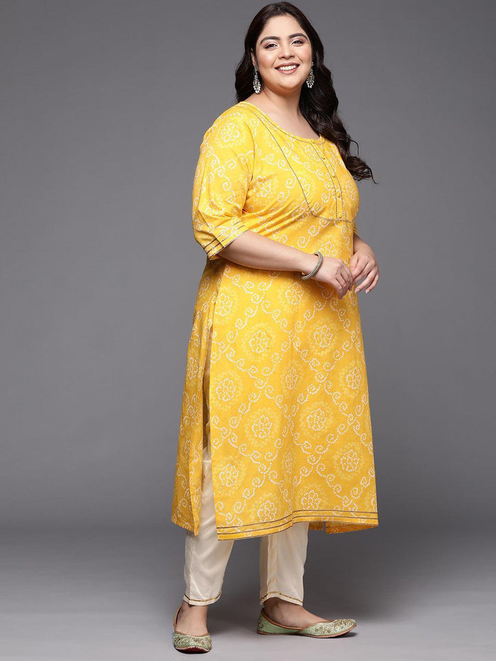 Plus Size Yellow Printed Cotton Straight Kurta