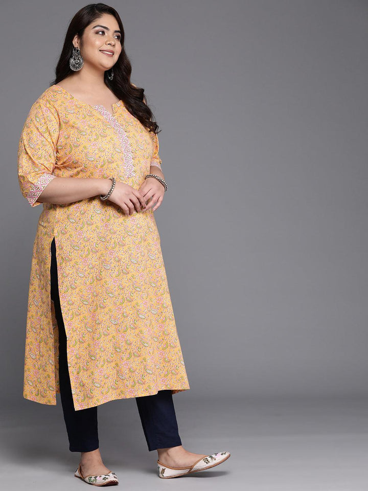 Plus Size Yellow Printed Cotton Straight Kurta