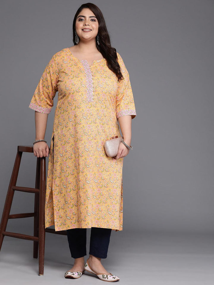 Plus Size Yellow Printed Cotton Straight Kurta
