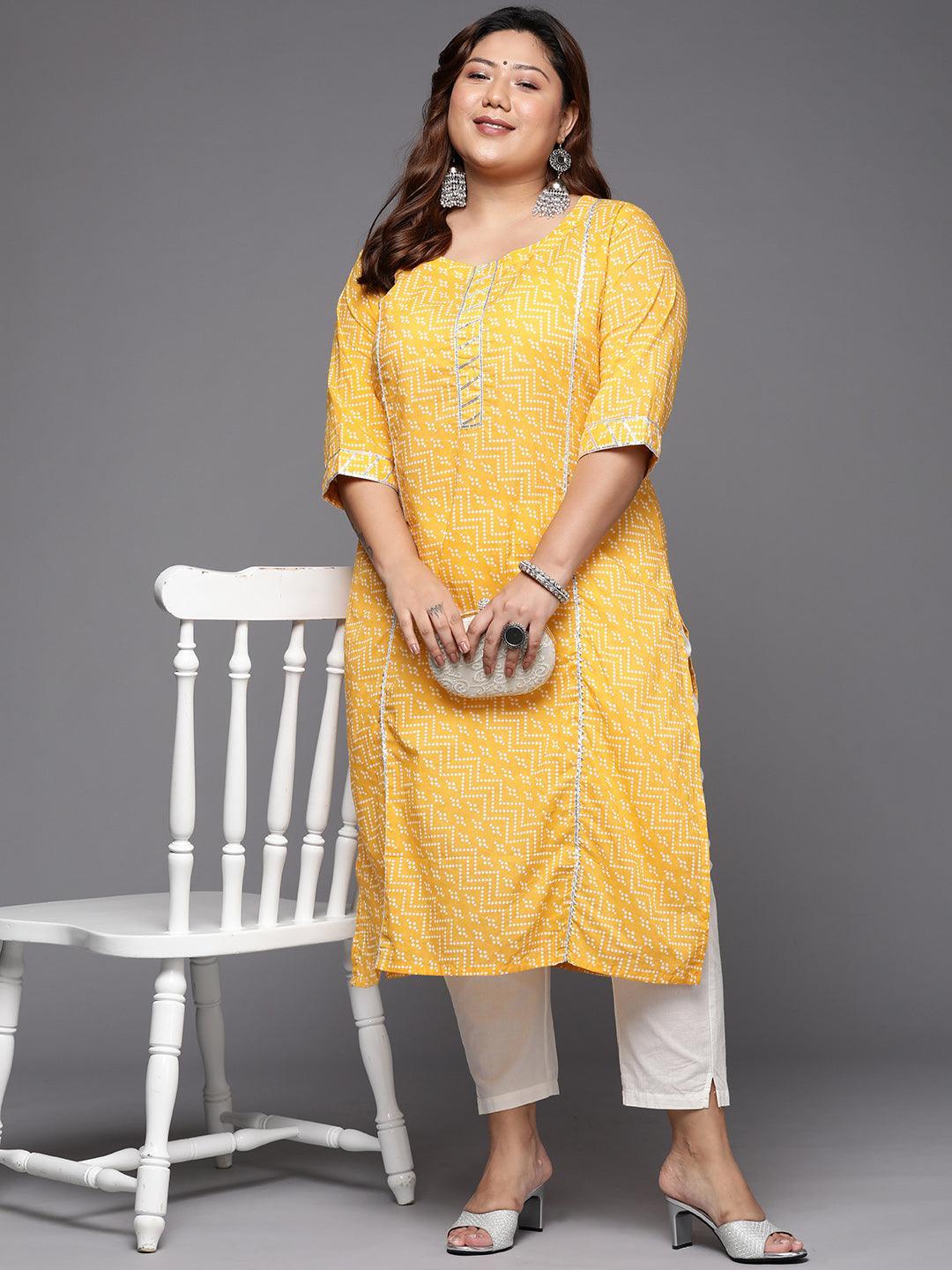 Plus Size Yellow Printed Cotton Straight Kurta - ShopLibas