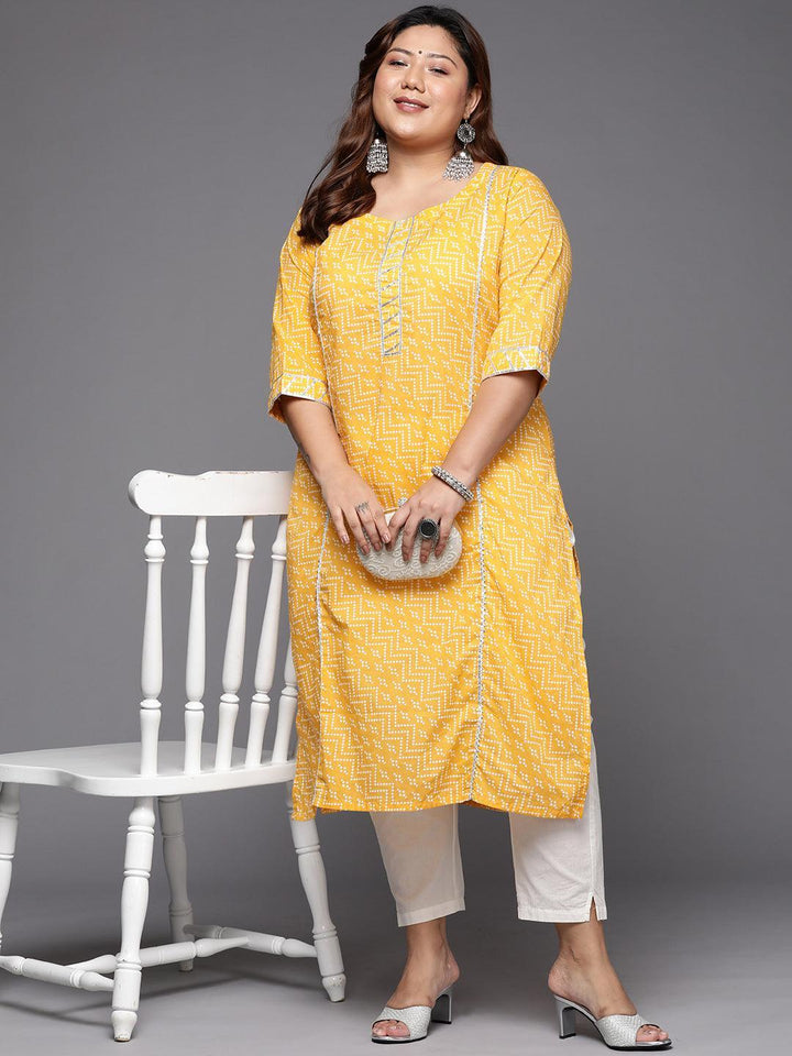 Plus Size Yellow Printed Cotton Straight Kurta
