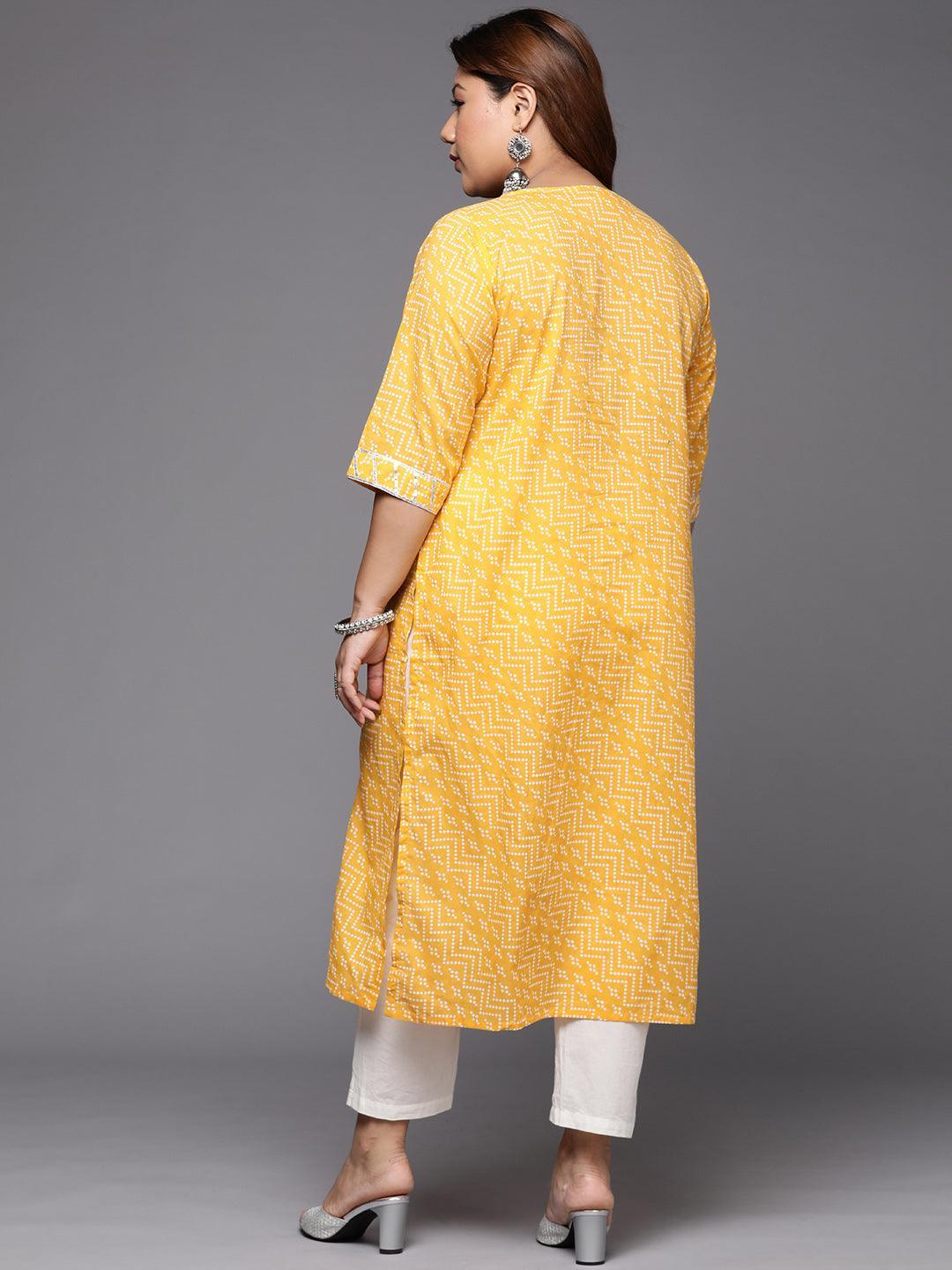 Plus Size Yellow Printed Cotton Straight Kurta - ShopLibas