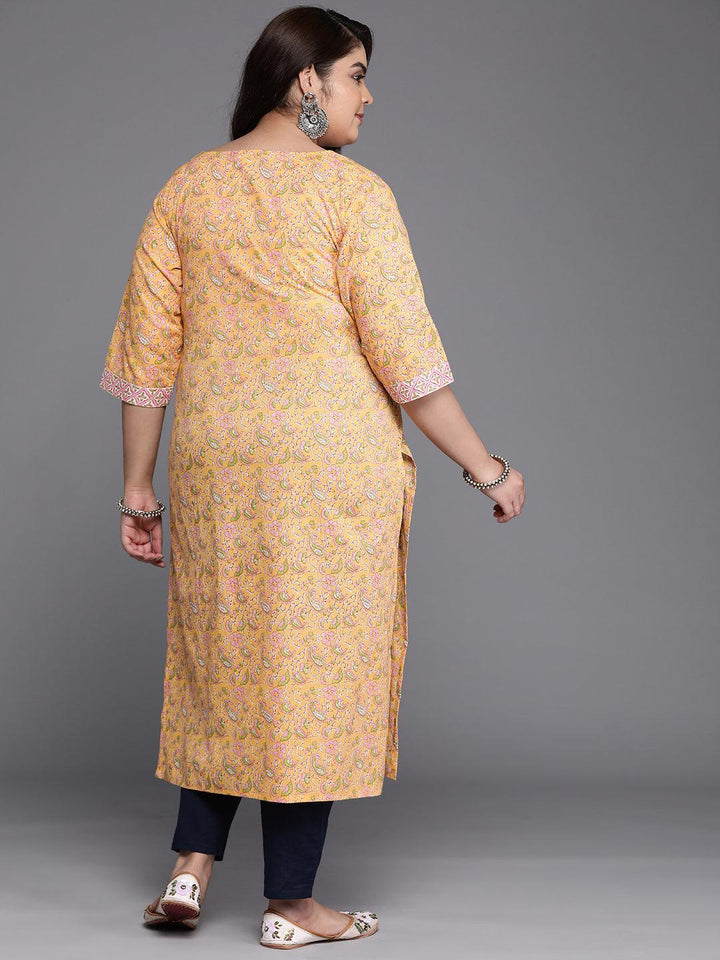 Plus Size Yellow Printed Cotton Straight Kurta