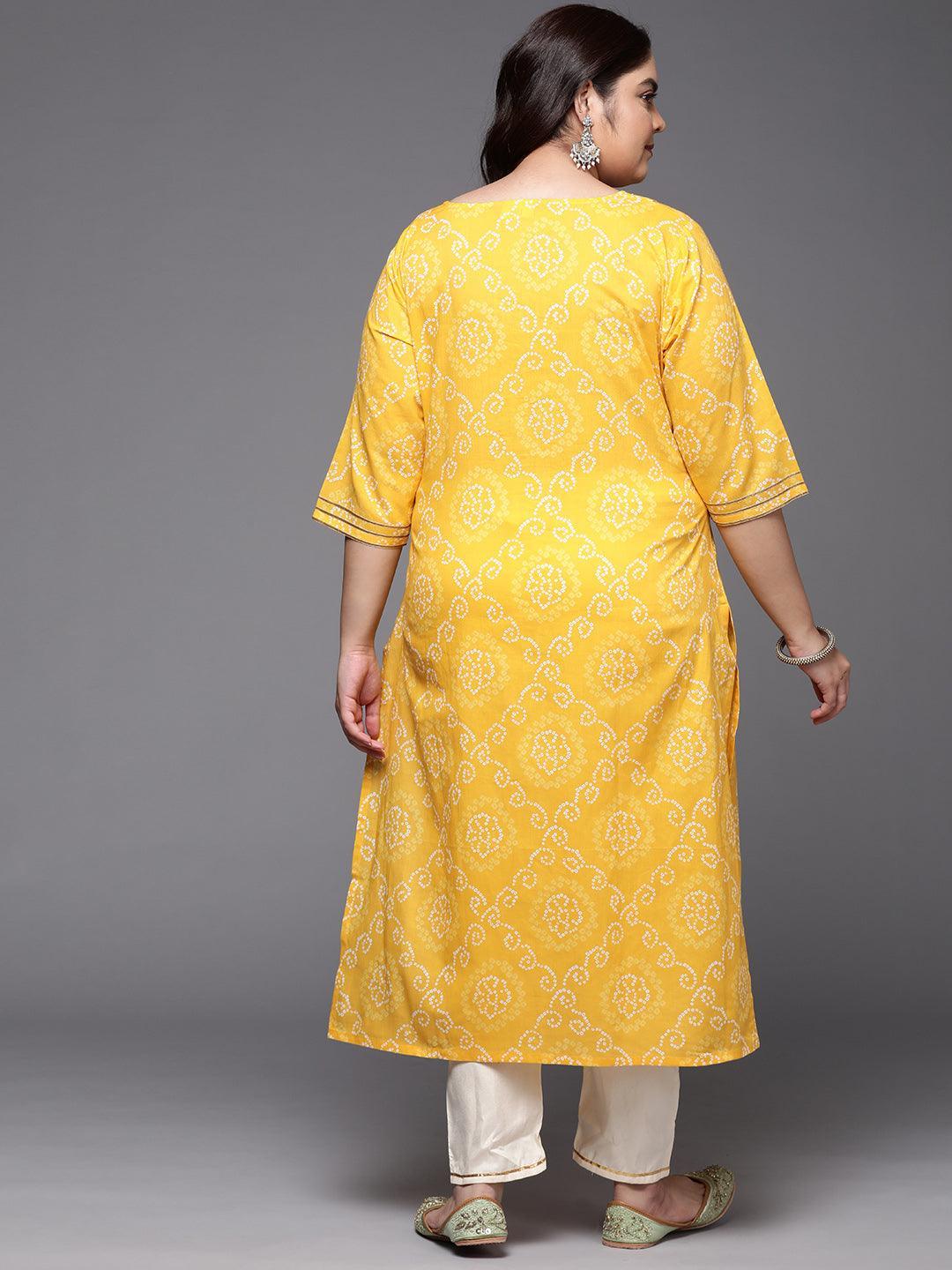 Plus Size Yellow Printed Cotton Straight Kurta - ShopLibas