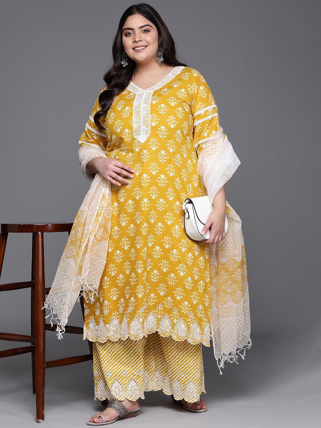 Plus Size Yellow Printed Cotton Suit Set - ShopLibas
