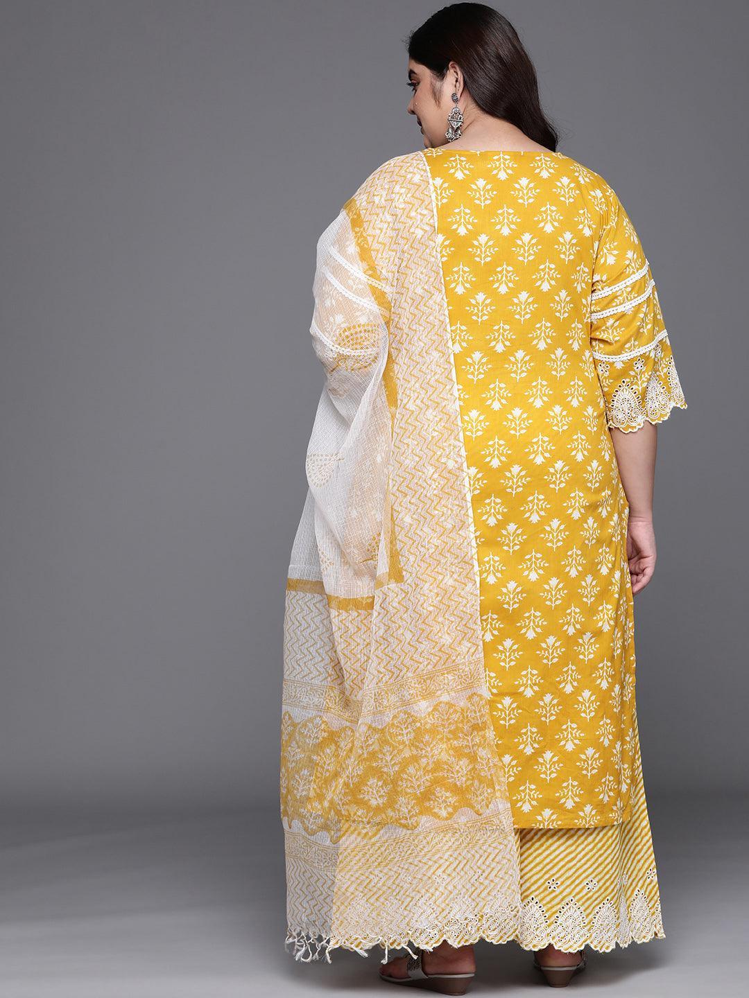 Plus Size Yellow Printed Cotton Suit Set - ShopLibas