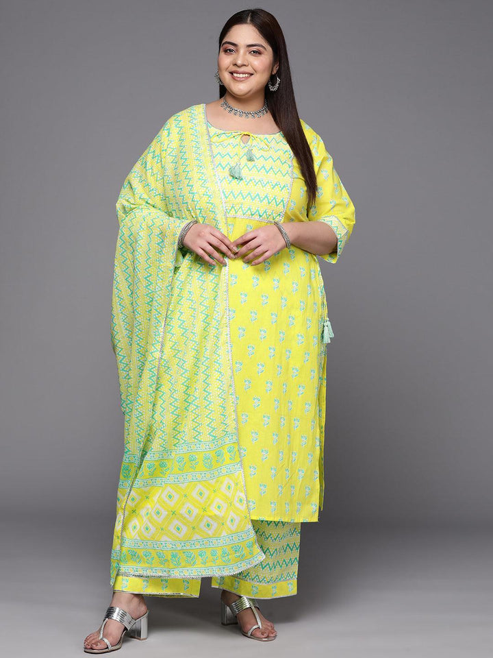 Plus Size Yellow Printed Cotton Suit Set With Trousers