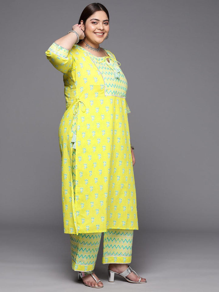 Plus Size Yellow Printed Cotton Suit Set With Trousers