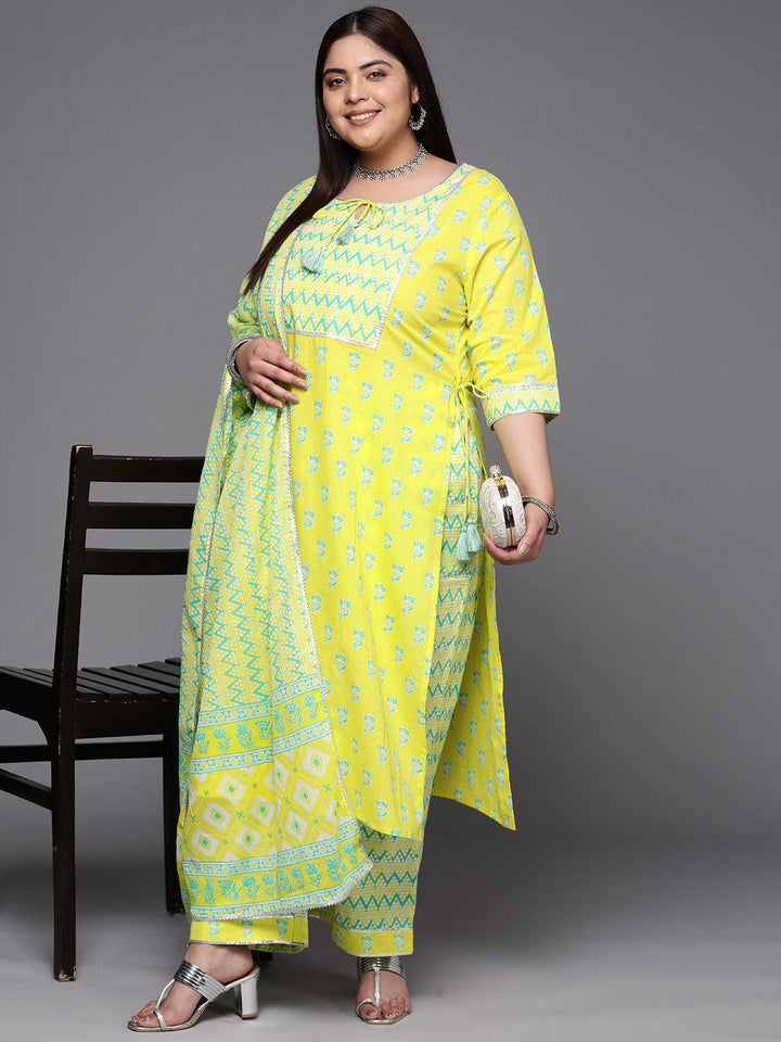 Plus Size Yellow Printed Cotton Suit Set With Trousers
