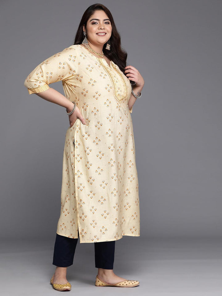 Plus Size Yellow Printed Silk Straight Kurta