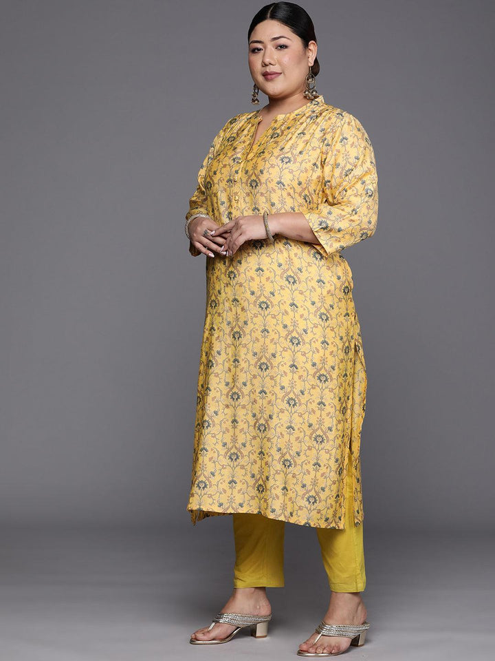 Plus Size Yellow Printed Silk Straight Kurta